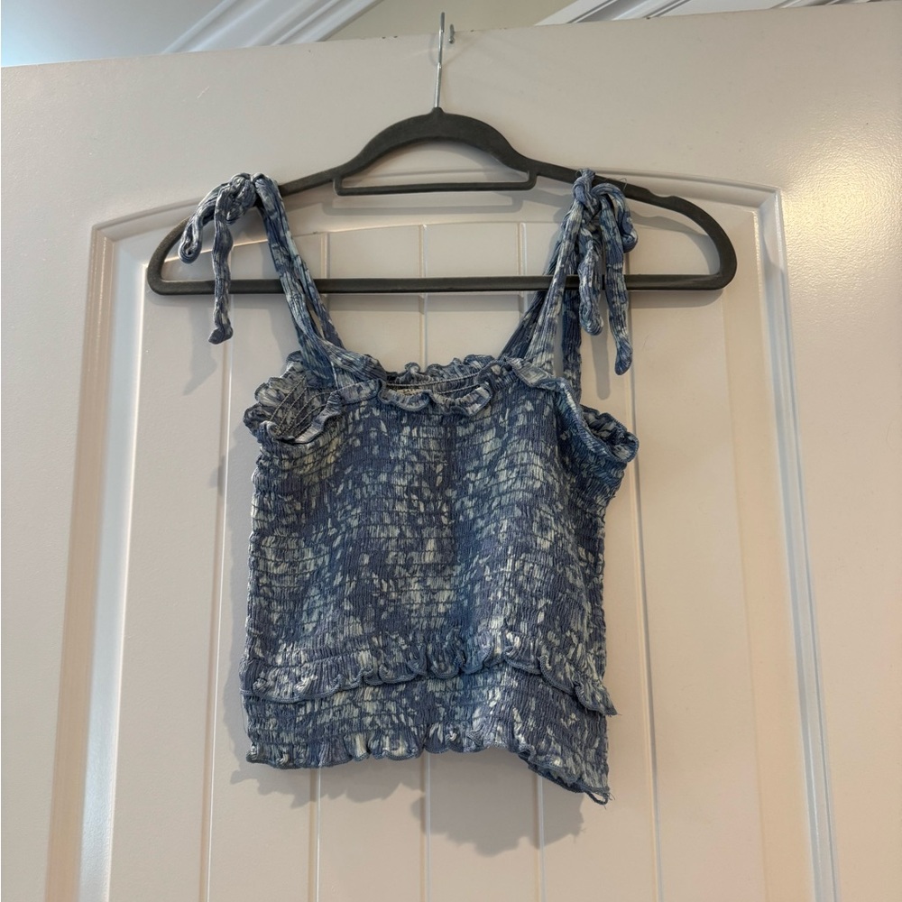 Chic Blue Tie-Dye Tank Top with Ruffle Details